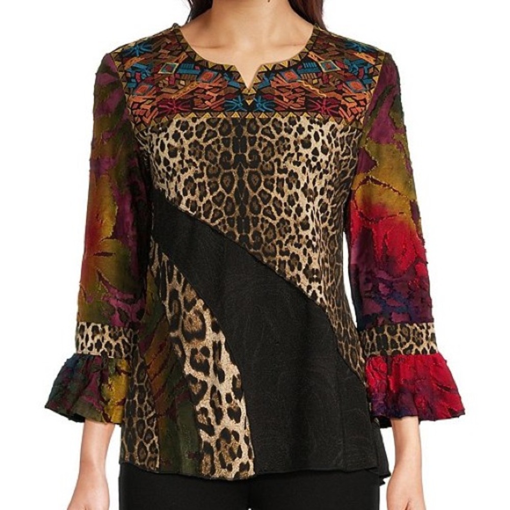 Calessa Patchwork Split V-Neck Ruffled Sleeve Top… - image 1